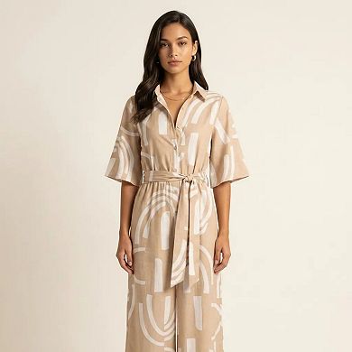 Women's Printed Wide Leg Jumpsuit Button Front Short Sleeve Tie Waist Relaxed Fit One Piece