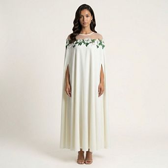 Women's Floral Embroidered Cape Maxi Dress Sheer Neckline Loose Fit Flowing Long Dress