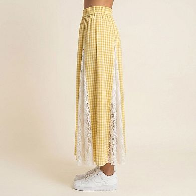 Women's Gingham Maxi Skirt Lace Panel High Waist A Line Flowy Lightweight Casual Skirt