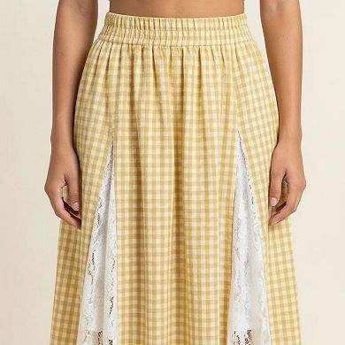 Women's Gingham Maxi Skirt Lace Panel High Waist A Line Flowy Lightweight Casual Skirt