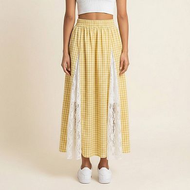 Women's Gingham Maxi Skirt Lace Panel High Waist A Line Flowy Lightweight Casual Skirt