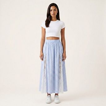 Women's Gingham Maxi Skirt Lace Panel High Waist A Line Flowy Lightweight Casual Skirt