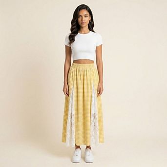 Women's Gingham Maxi Skirt Lace Panel High Waist A Line Flowy Lightweight Casual Skirt