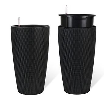 KWPZQEB 2 pc Faux Rattan Tall Outdoor Indoor Large Planters with Water Level Monitor & Inner Bucket