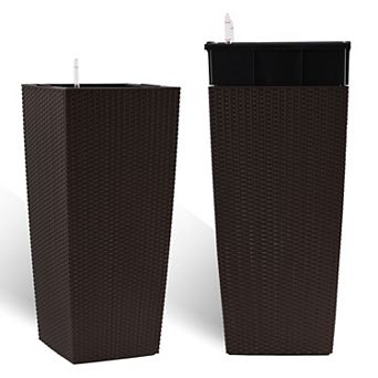 KWPZQEB 2 pc Faux Rattan Tall Outdoor Indoor Large Planters with Water Level Monitor & Inner Bucket