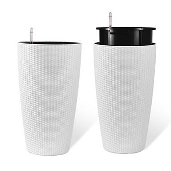 KWPZQEB 2 pc Faux Rattan Tall Outdoor Indoor Large Planters with Water Level Monitor & Inner Bucket