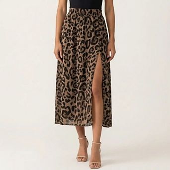 Women's Leopard Print Midi Skirt High Waist Elastic Waist Side Slit Flowy A Line Skirt