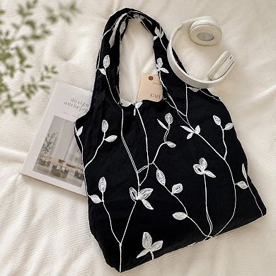 Embroidered Leaf Shoulder Tote Bag Lightweight Foldable Everyday Bag for Women