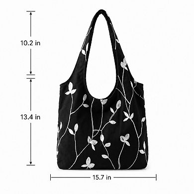 Embroidered Leaf Shoulder Tote Bag Lightweight Foldable Everyday Bag for Women