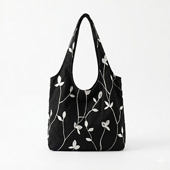 Embroidered Leaf Shoulder Tote Bag Lightweight Foldable Everyday Bag for Women