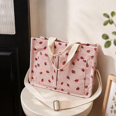 Canvas Strawberry Print Tote Bag with Shoulder Strap and Side Pockets