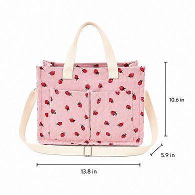 Canvas Strawberry Print Tote Bag with Shoulder Strap and Side Pockets