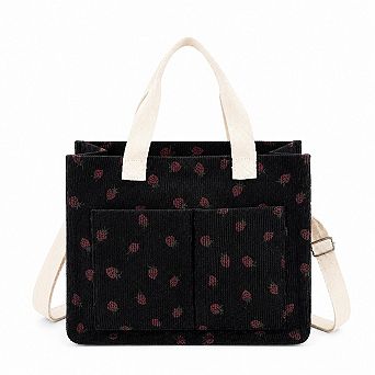 Canvas Strawberry Print Tote Bag with Shoulder Strap and Side Pockets