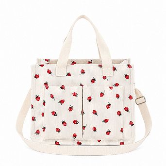 Canvas Strawberry Print Tote Bag with Shoulder Strap and Side Pockets