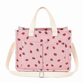Canvas Strawberry Print Tote Bag with Shoulder Strap and Side Pockets