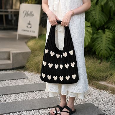 Knitted Heart Tote Bag Large Capacity Casual Shoulder Bag Lightweight Daily Bag