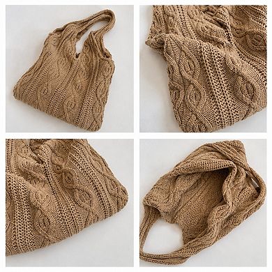 Cable Knit Shoulder Tote Bag Soft Textured Slouchy Lightweight Everyday Carryall