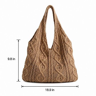 Cable Knit Shoulder Tote Bag Soft Textured Slouchy Lightweight Everyday Carryall