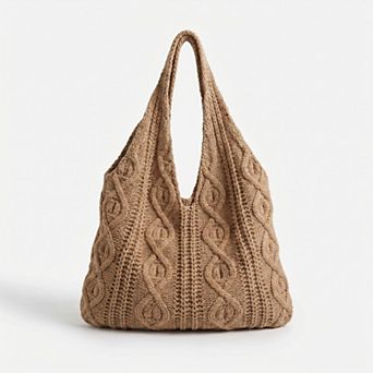 Cable Knit Shoulder Tote Bag Soft Textured Slouchy Lightweight Everyday Carryall
