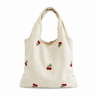 Cherry Embroidered Slouchy Shoulder Tote Bag Soft Lightweight Fabric Everyday Carryall