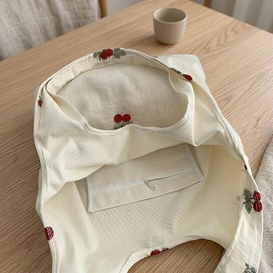 Cherry Embroidered Slouchy Shoulder Tote Bag Soft Lightweight Fabric Everyday Carryall