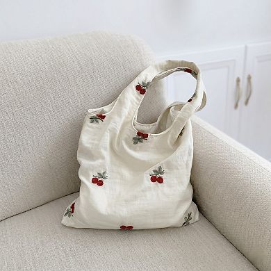 Cherry Embroidered Slouchy Shoulder Tote Bag Soft Lightweight Fabric Everyday Carryall