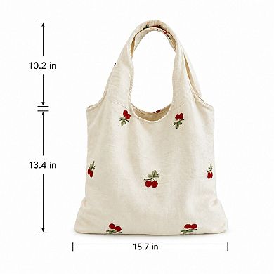 Cherry Embroidered Slouchy Shoulder Tote Bag Soft Lightweight Fabric Everyday Carryall