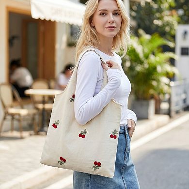 Cherry Embroidered Slouchy Shoulder Tote Bag Soft Lightweight Fabric Everyday Carryall