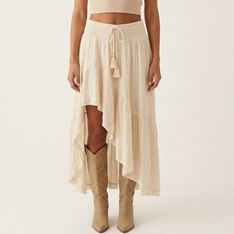 Women's High Low Maxi Skirt Smocked Waist Tassel Tie Flowy Tiered Boho Casual Skirt