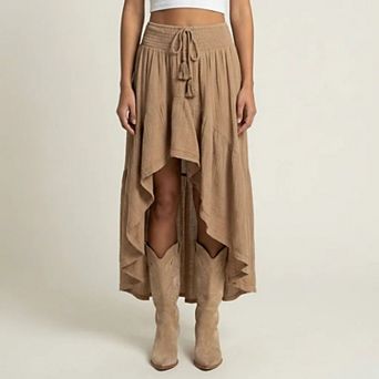 Women's High Low Maxi Skirt Smocked Waist Tassel Tie Flowy Tiered Boho Casual Skirt