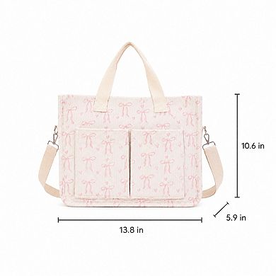 Canvas Tote Bag with Bow Print Large Capacity Lightweight Adjustable Shoulder Bag