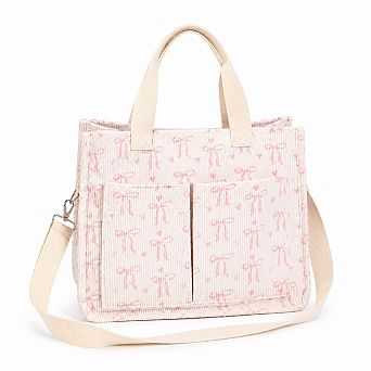 Canvas Tote Bag with Bow Print Large Capacity Lightweight Adjustable Shoulder Bag