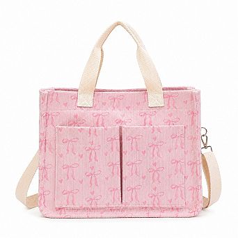 Canvas Tote Bag with Bow Print Large Capacity Lightweight Adjustable Shoulder Bag
