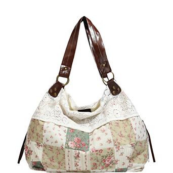 Women's Patchwork Shoulder Bag with Crochet Lace Detail and Leather Straps