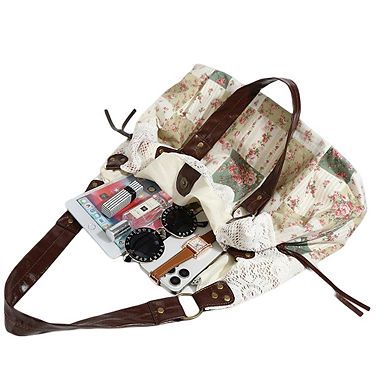 Women's Patchwork Shoulder Bag with Crochet Lace Detail and Leather Straps
