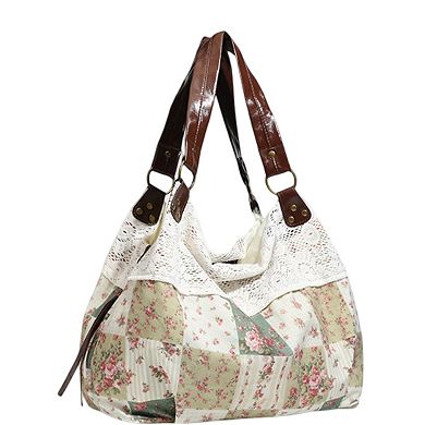 Women's Patchwork Shoulder Bag with Crochet Lace Detail and Leather Straps