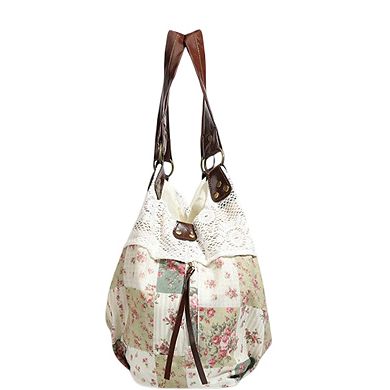 Women's Patchwork Shoulder Bag with Crochet Lace Detail and Leather Straps