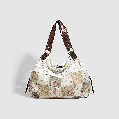 Women's Patchwork Shoulder Bag with Crochet Lace Detail and Leather Straps