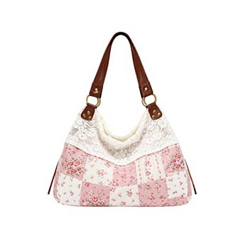 Women's Patchwork Shoulder Bag with Crochet Lace Detail and Faux Leather Straps