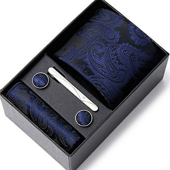 Men's Floral Pattern Tie Gift Set with Matching Pocket Square Cufflinks and Silver Tie Clip