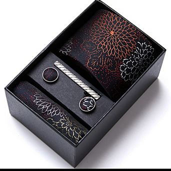 Men's Floral Pattern Tie Gift Set with Matching Pocket Square Cufflinks and Silver Tie Clip