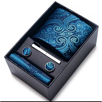 Men's Floral Pattern Tie Gift Set with Matching Pocket Square Cufflinks and Silver Tie Clip