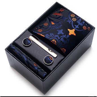 Men's Floral Pattern Tie Gift Set with Matching Pocket Square Cufflinks and Silver Tie Clip