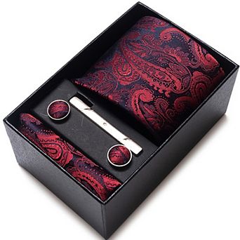 Men's Floral Pattern Tie Gift Set with Matching Pocket Square Cufflinks and Silver Tie Clip