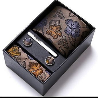 Men's Floral Pattern Tie Gift Set with Matching Pocket Square Cufflinks and Silver Tie Clip