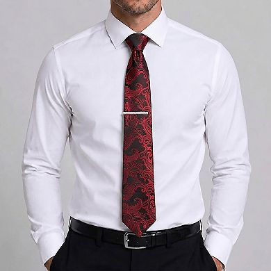 Men's Floral Print Tie Gift Set with Matching Pocket Square Cufflinks and Silver Tie Clip