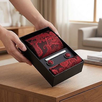 Men's Floral Print Tie Gift Set with Matching Pocket Square Cufflinks and Silver Tie Clip