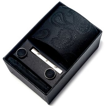 Men's Floral Print Tie Gift Set with Matching Pocket Square Cufflinks and Silver Tie Clip