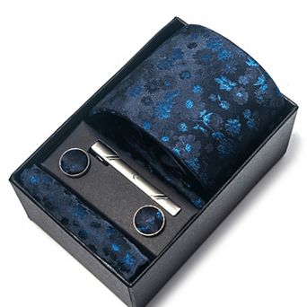 Men's Floral Print Tie Gift Set with Matching Pocket Square Cufflinks and Silver Tie Clip