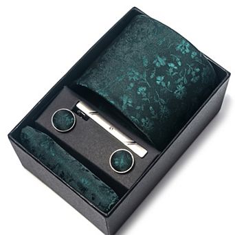 Men's Floral Print Tie Gift Set with Matching Pocket Square Cufflinks and Silver Tie Clip